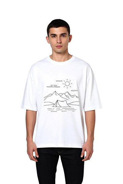 PayBuy Men's Oversize T-Shirt with Mountain and Sun Print on Water