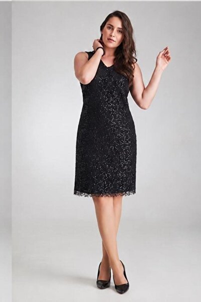 Seamoda Plus Size V-Neck Sequin Embroidered Evening Dress -Black