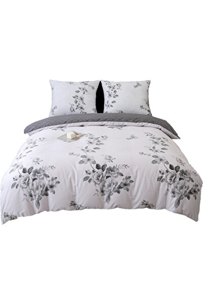 Cotton World Lenjerie de pat din satin 160x200cm Flori Negru grafit și alb