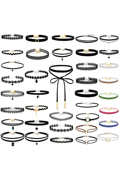 VeeShop Set 38 coliere choker, catifea colorata, dantela, cu medalioane