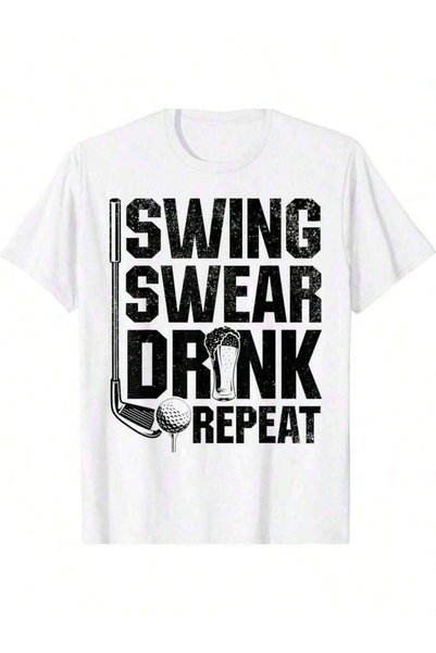 26LIK تي شيرت للجنسين بعبارة "Swing Swear Drink Repeat" - قميص مضحك لمحبي الجولف