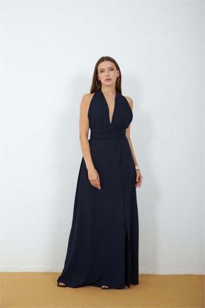 Dipmoda Women's Navy Blue Slit Halter Neck Backless Tie Detailed Maxi Dress D...