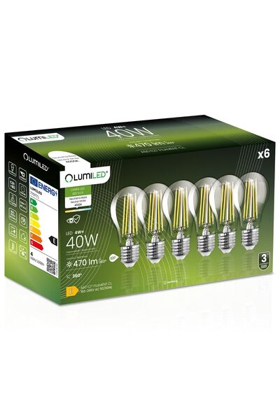 Lumiled 6x Bec LED E27 A60 4W = 40W 470lm 4000K Neutru 360 °   FILAMENT
