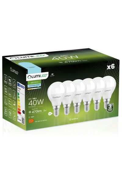 Lumiled 6x Bec LED E14 tip bilă P45 5W = 40W 470lm 6500K Rece 180 °