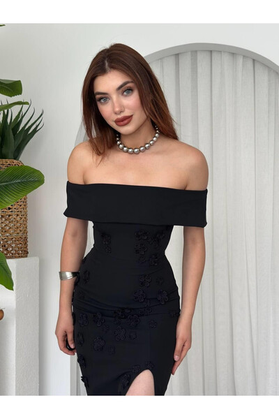 Clothes Fast Women's Black Strapless Midi Dress Boat Neck Floral Appliqué Sli...