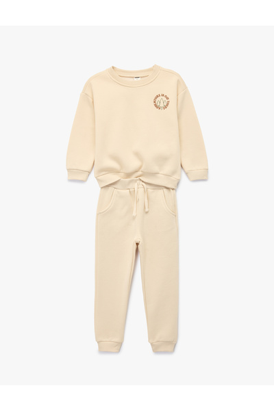 Koton Ruffled Long Sleeve Crew Neck Sweatshirt Set with Print Detail