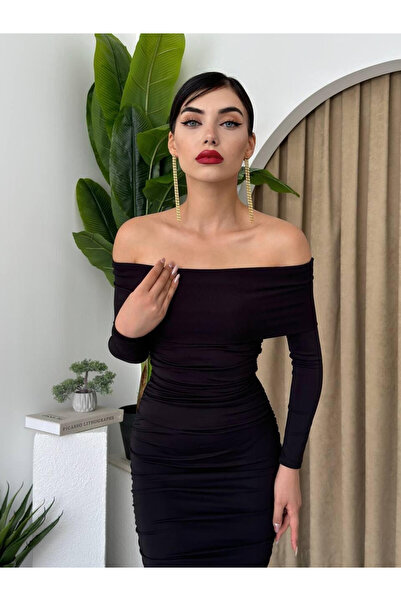 Moda Days فستان نسائي أسود بياقة قارب وأكمام طويلة وتصميم مطوي وطول متوسط