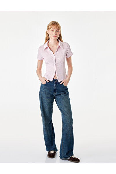 Koton Regular Fit Short Sleeve Buttoned Wrinkled Fabric Polo Collar Blouse
