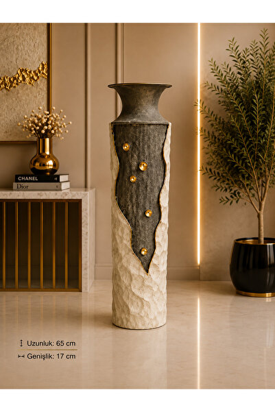 Hinora Dekoratif Metal Yer Vazosu 65 cm Siyah Krem Gold Büyük Boy Salon ve Of...