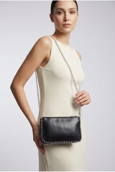 Baguar Women's Black Color 3-Compartment Chain Strap Stone Detailed Hand and Shoulder Bag