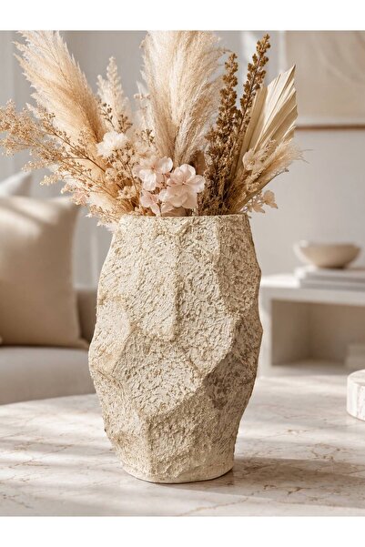 MİREVA Travertine Look Stone Vase - Decorative Dry Flower Vase Cream 22 cm