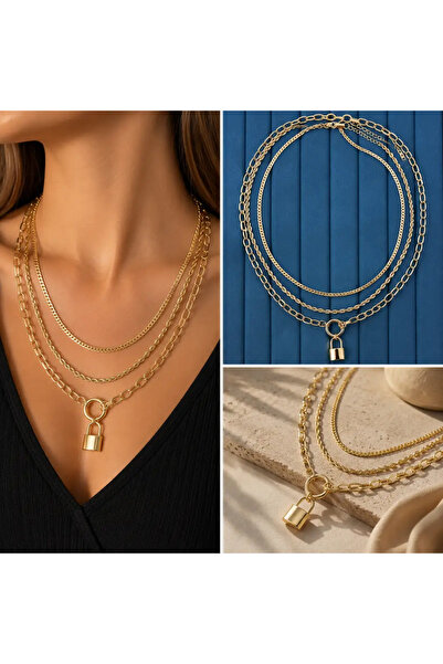 Bozhi Gold Color 3 Layered Lock Figured Chain Necklace Gold Casual Steel