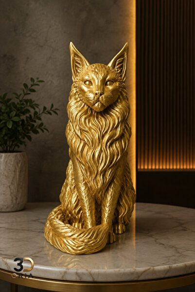 3DOria 3D Baskı Gold Uzun Tüylü Kedi Biblosu | Dekoratif Kedi Heykeli | Moder...