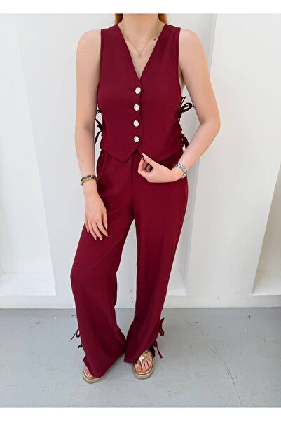 NEW JOURNAL Women's Burgundy Floral Buttoned Lace Detailed Vest Linen Suit Nh...