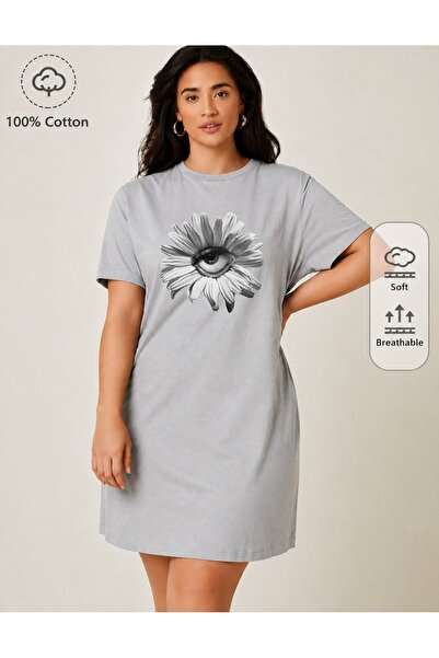 classy moda Μπλουζάκι Oversize Extra Long Tunik με σχέδιο μαργαρίτας και μοτί...