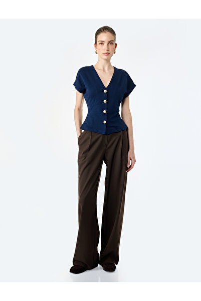 Koton Regular Fit V-Neck Short Sleeve Waist Accent Buttoned Cardigan