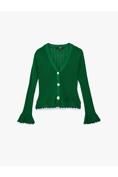 Koton Buttoned Ruffle Detailed Long Spanish Sleeves V-Neck Openwork Knitwear ...