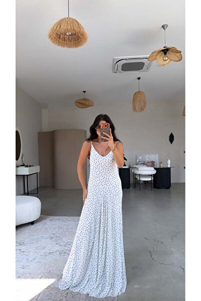 Buket Teke White Polka Dot Tulle Flowing Dress with Maxi Lining