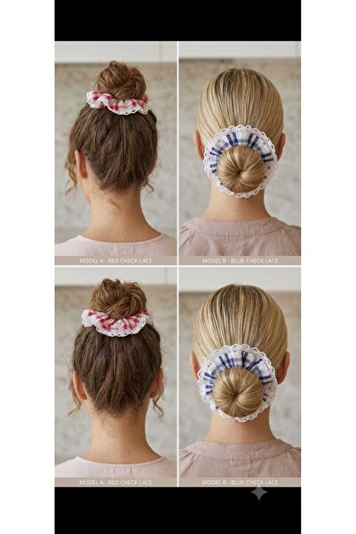 chibi Red & Blue Gingham College Style Scallop Lace Detailed Scruncie Bagel H...