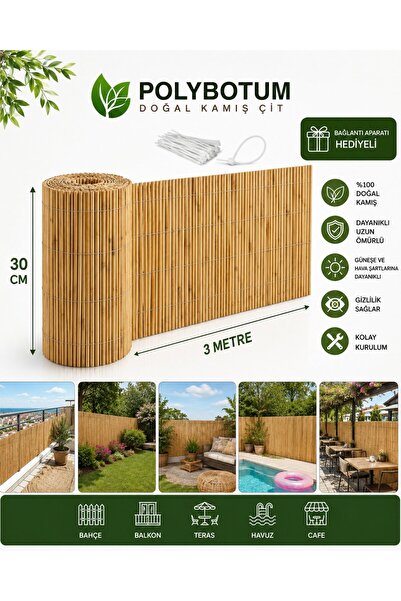 POLYBOTUM Premium Doğal Kamış Hasır Balkon Çiti 30x300 cm | Sık Dokuma | Daya...