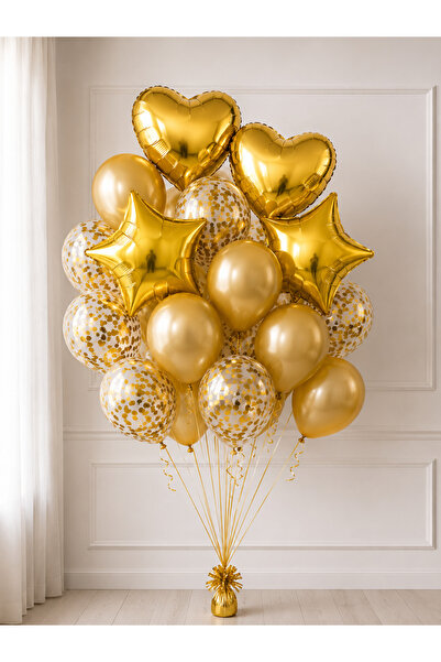 Balonsan Gold Foil Balloon Bunch Heart Balloon Star Balloon Chrome Gold Trans...