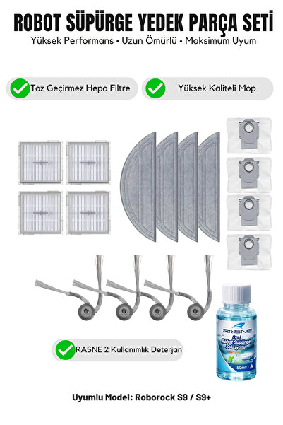 Asgard Grup Συμβατό με Roborock S9 / S9+: 4 πλαϊνές βούρτσες, 4 φίλτρα, 4 σφο...