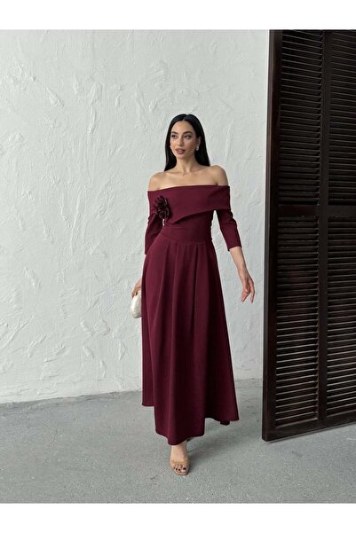 Moda Days Women's Burgundy - Bordo Boat Neck Floral Appliqué Detailed Waist F...