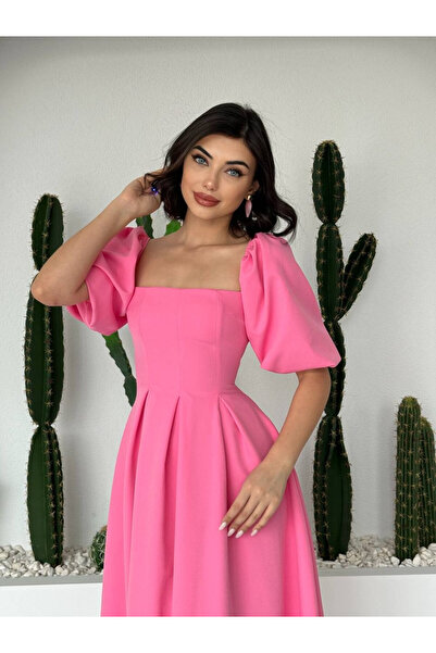 Moda Days Women's Pink Midi Dress Square Neck Balloon Sleeves Pleated A-Line ...
