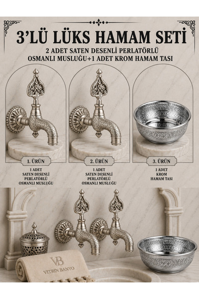 vb vitrinbanyo 3'lü Lüks Hamam Seti 2 Adet Saten Desenli Perlatörlü Osmanlı M...