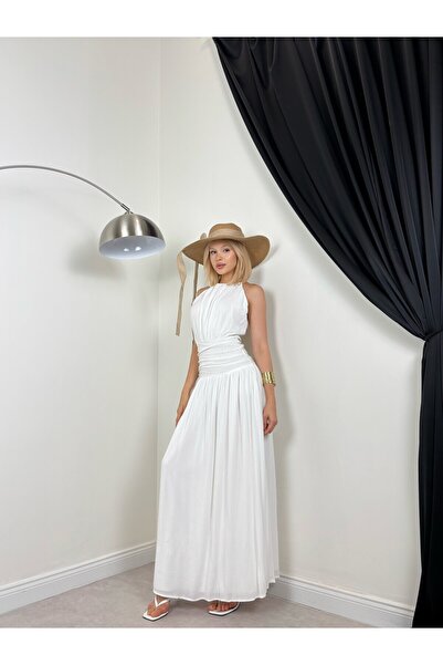 Moda Days Rochie maxi albă de damă, cu guler halter, spate decupat și talie î...
