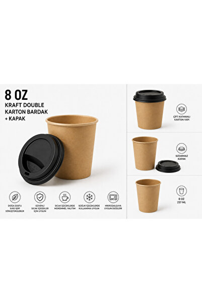 Genel Markalar 8 Oz Kraft Double Karton Bardak Siyah Kapaklı 50'li Set