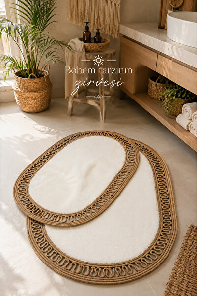 KAAN HOME Handmade Bohemian Bath Mat Set of 2 Plush Non-Slip Gel Base 40X60 c...