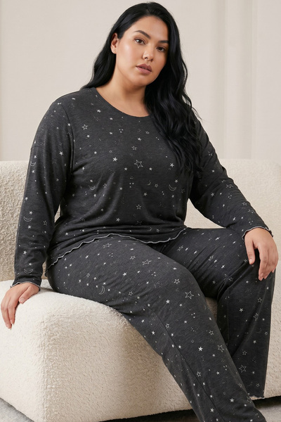 Siyah İnci Anthracite Patterned Lycra Large Size Oversized Knitted Pajama Set...