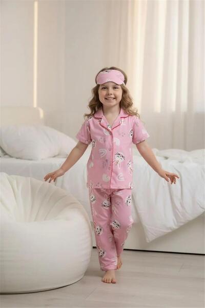 LUFFY KİDS Pink Patterned Cotton Front Buttoned Eyelet Short Sleeve Pajama Se...