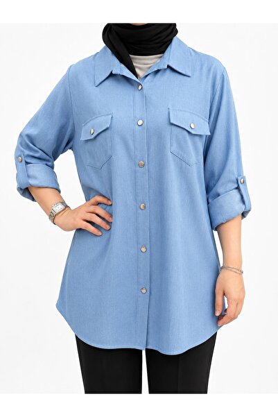 By Alba Collection Ženska košulja od tencel tkanine svetloplave boje sa dva d...