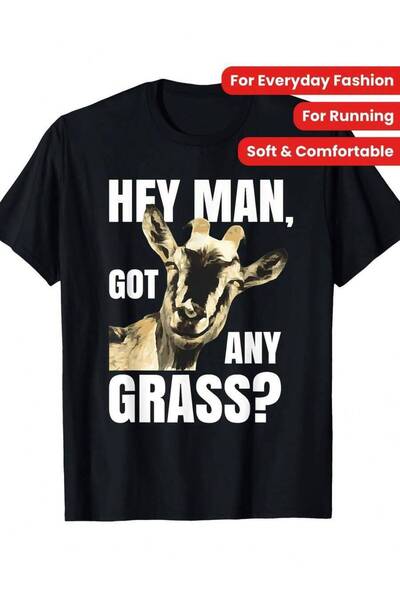 2BIR [Playful Charm]Fun Goat Print Hey, For Man, Do You Have Grass Graphic T-...