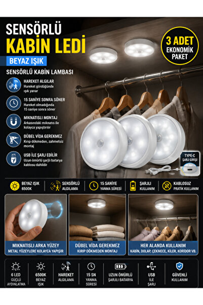 LEDX 3ADET Sensörlü Kabin LEDi Beyaz Işık Hareket Sensörlü Şarjlı Dolap İçi L...