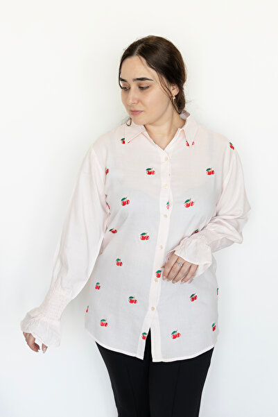 LINELLE White Cherry Print Smocked Cuff Shirt