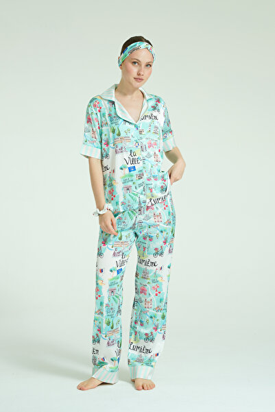 WAQUIN Short Sleeve 4 Piece Satin Pajama Set -Paris Reverie