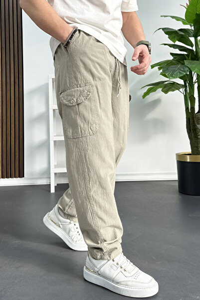 Edwox Men's Baggy Fit Cargo Pocket Trousers Beige Edw131