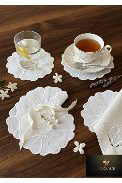 FORSACE 6 Pieces Linen Coasters with Floral Embroidery and Embossed Presentat...