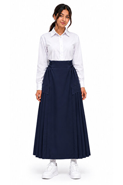 LEBASY Girls' Navy Blue Side Pleated Skirt with Pockets (40")