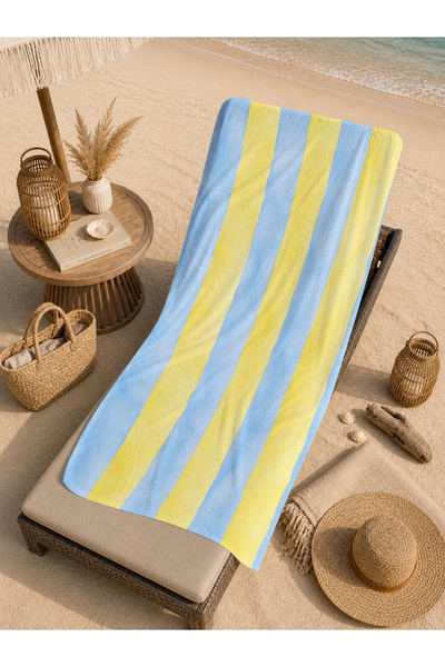 Evmila Pastel Yellow Blue Watercolor Striped Patterned 70X150 Beach Towel - D...