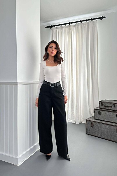 Moda Days Women's Black High Waist Wide Leg Washed Denim Jean Trousers