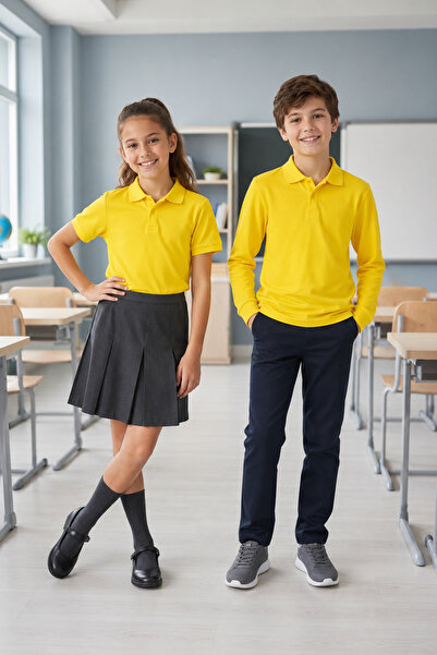 QKK Children's Unisex Yellow 2-Piece Polo Collar School T-Shirt Set Short Sle...