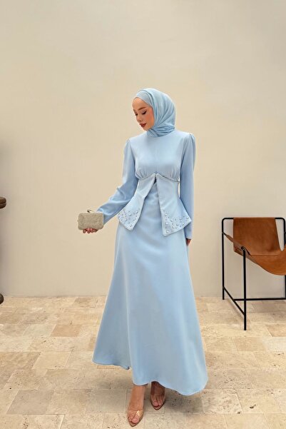 fushya design Beli Parça Detaylı İnci Taş İşlemeli Elbise