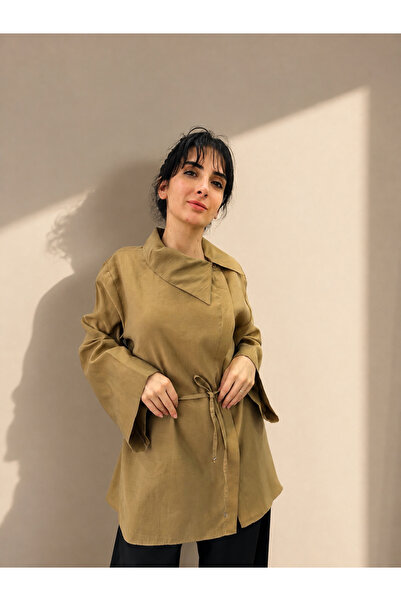 YEENOR Kuşaklı Asimetrik Yaka Liyosel Tunik Gömlek