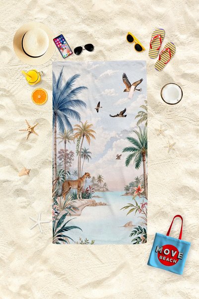 MoveBeach Tropikal Safari Desenli Plaj Havlusu 75x150 cm – Leopar, Palmiye ve Kuş Desenli