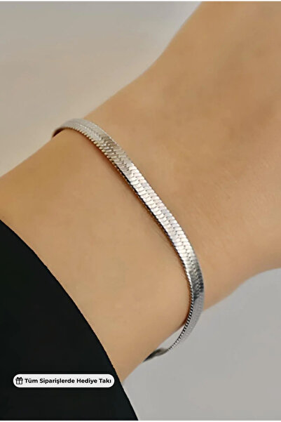 Kadın 316L Yüksek Kalite Çelik Gümüş Renk İtalyan Zincir Yassı Ezme Bileklik 23 cm
