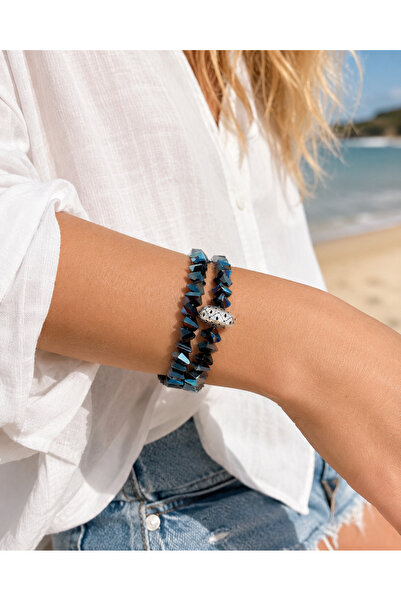 COCOSH TAKI Navy Blue Crystal Stone Silver Color Detailed Special Design Entw...
